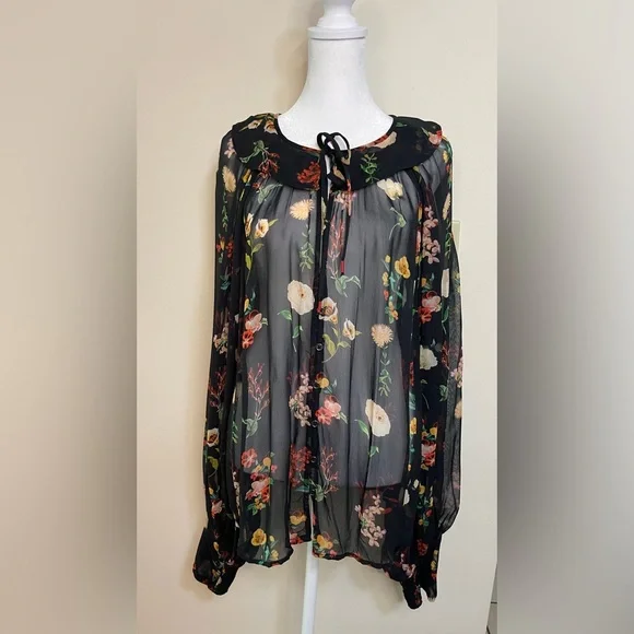 Anthropologie Women’s Sheer Neck Tie Button down Blouse Raglan Sleeve Size Xl. - Picture 6 of 17